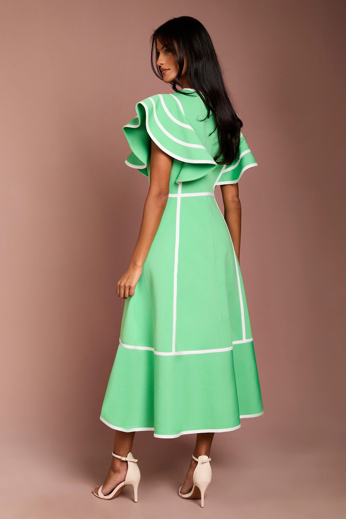 Coast Coast Women's Petite Ruffle Shoulder Piped Bandage Midi Dress in Green - 3