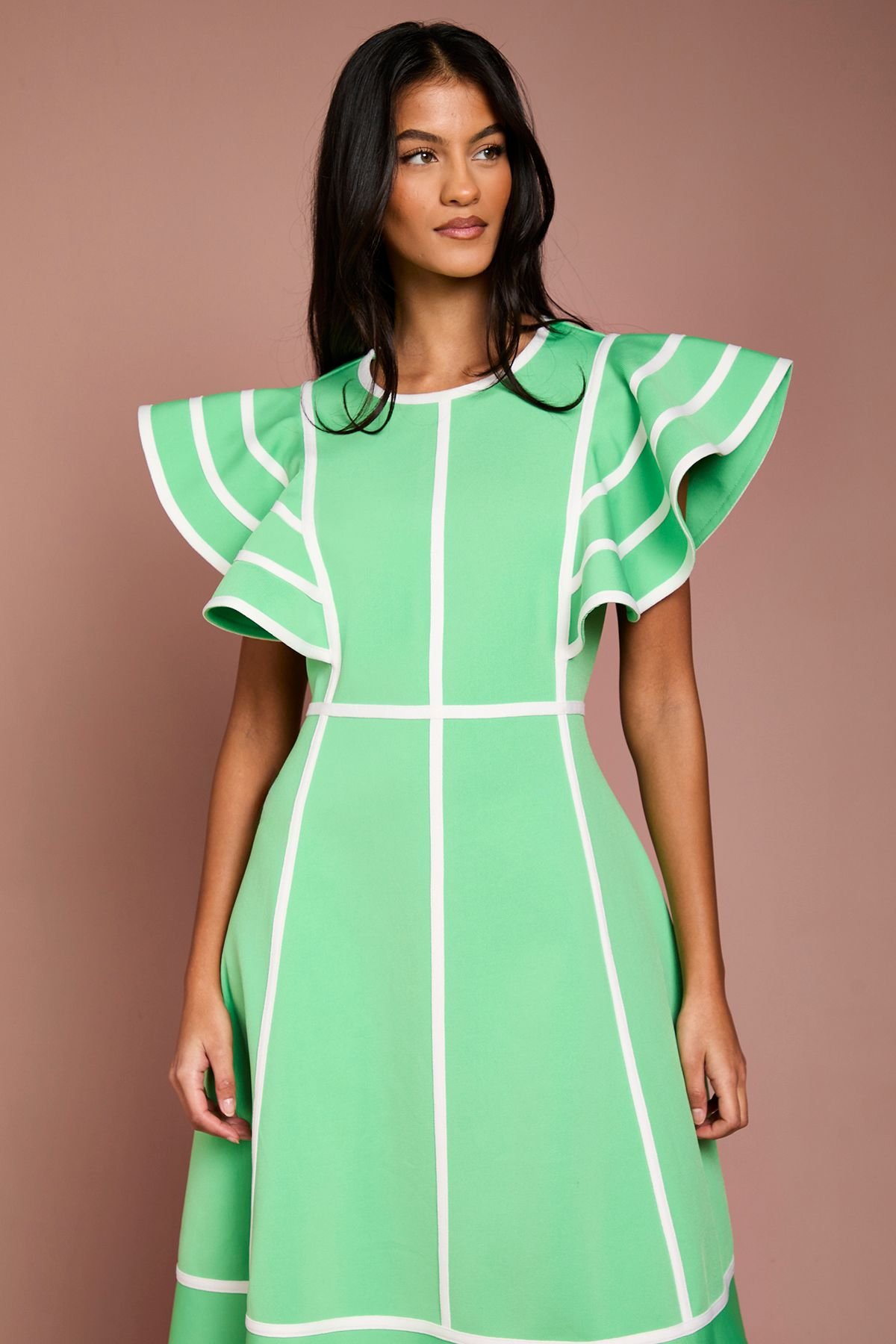 Coast Coast Women's Petite Ruffle Shoulder Piped Bandage Midi Dress in Green - 4