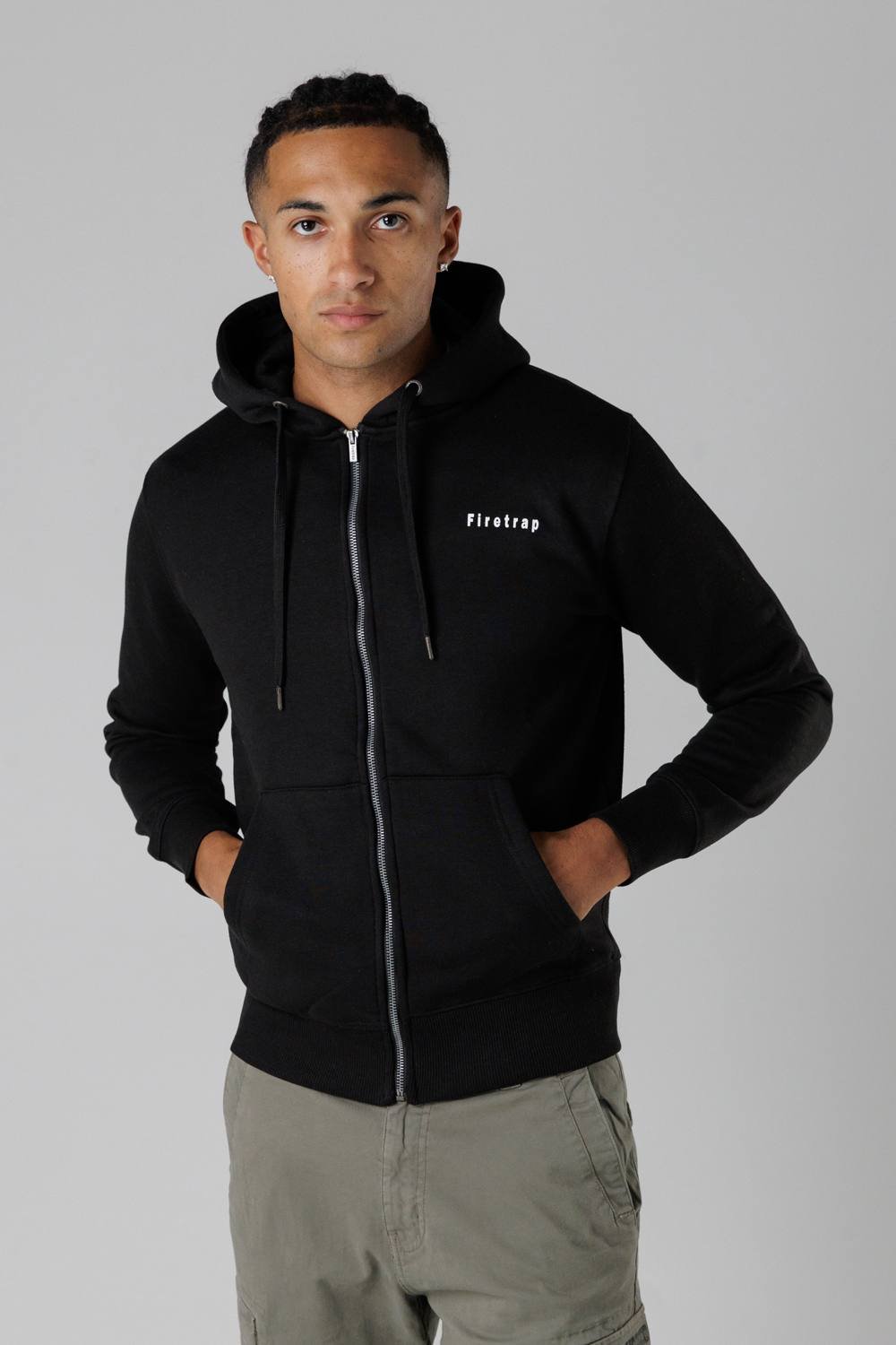 Firetrap Firetrap Men's Regular Fit Cotton Rich Zip Through Hoody with Drawstring in Black - 3