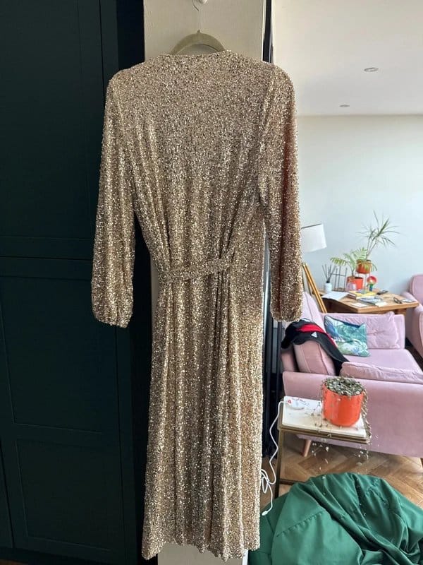 Never Fully Dressed Gold Sequin Wrap Dress