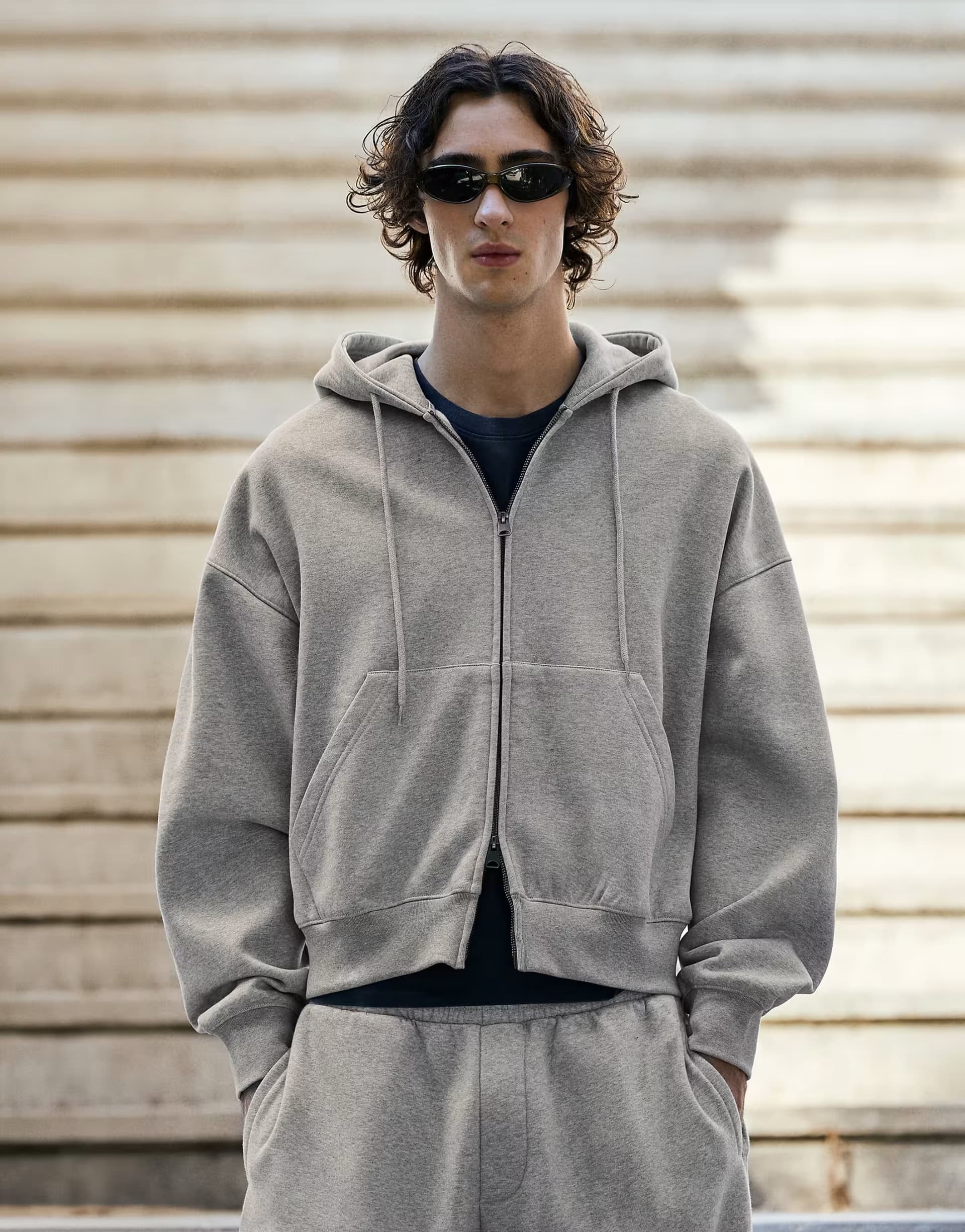 ASOS Bershka Boxy zip-up hoodie in light grey