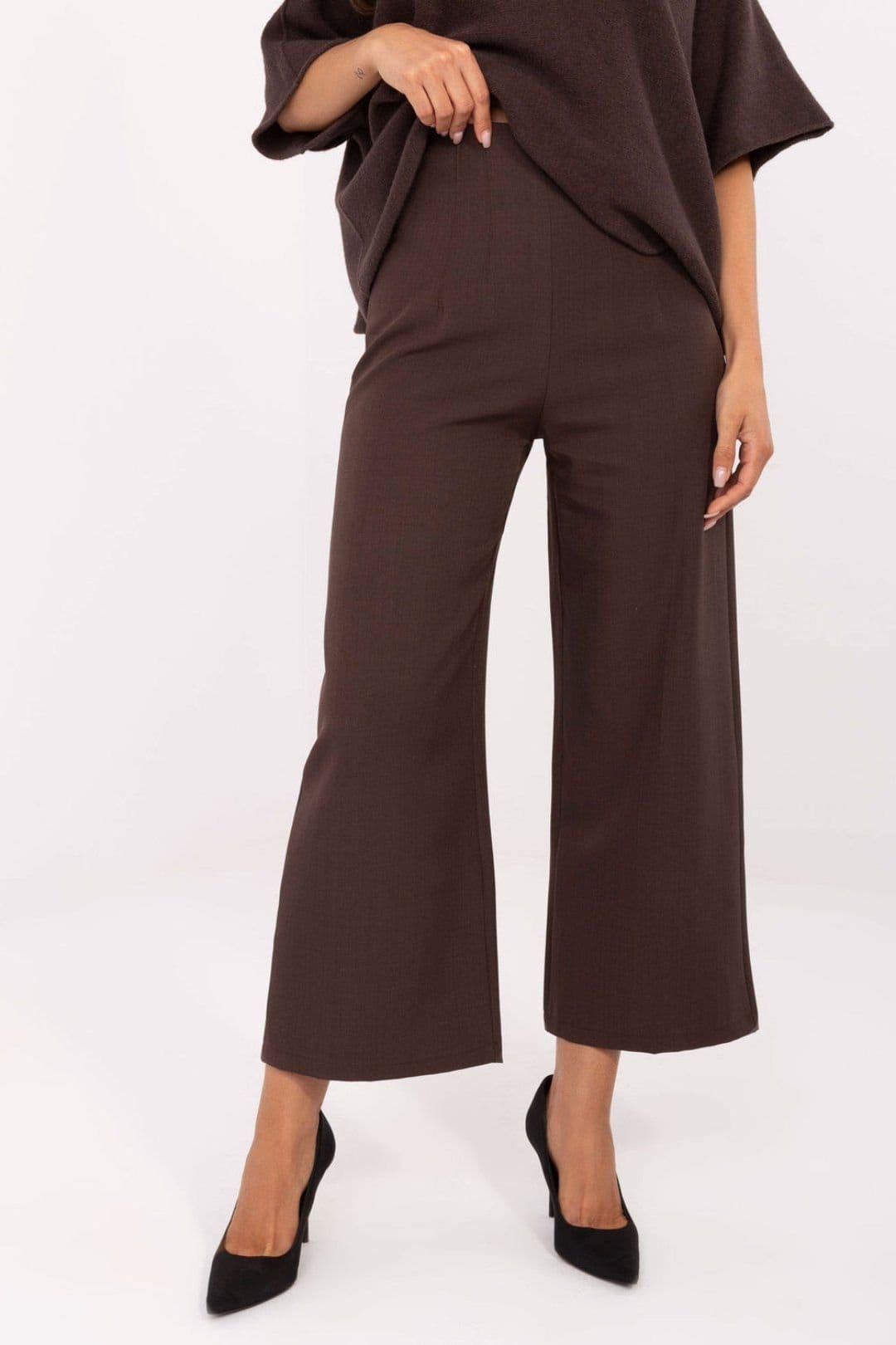 Love Lace Brown Polyester/Elastane High Waisted Culotte Trousers