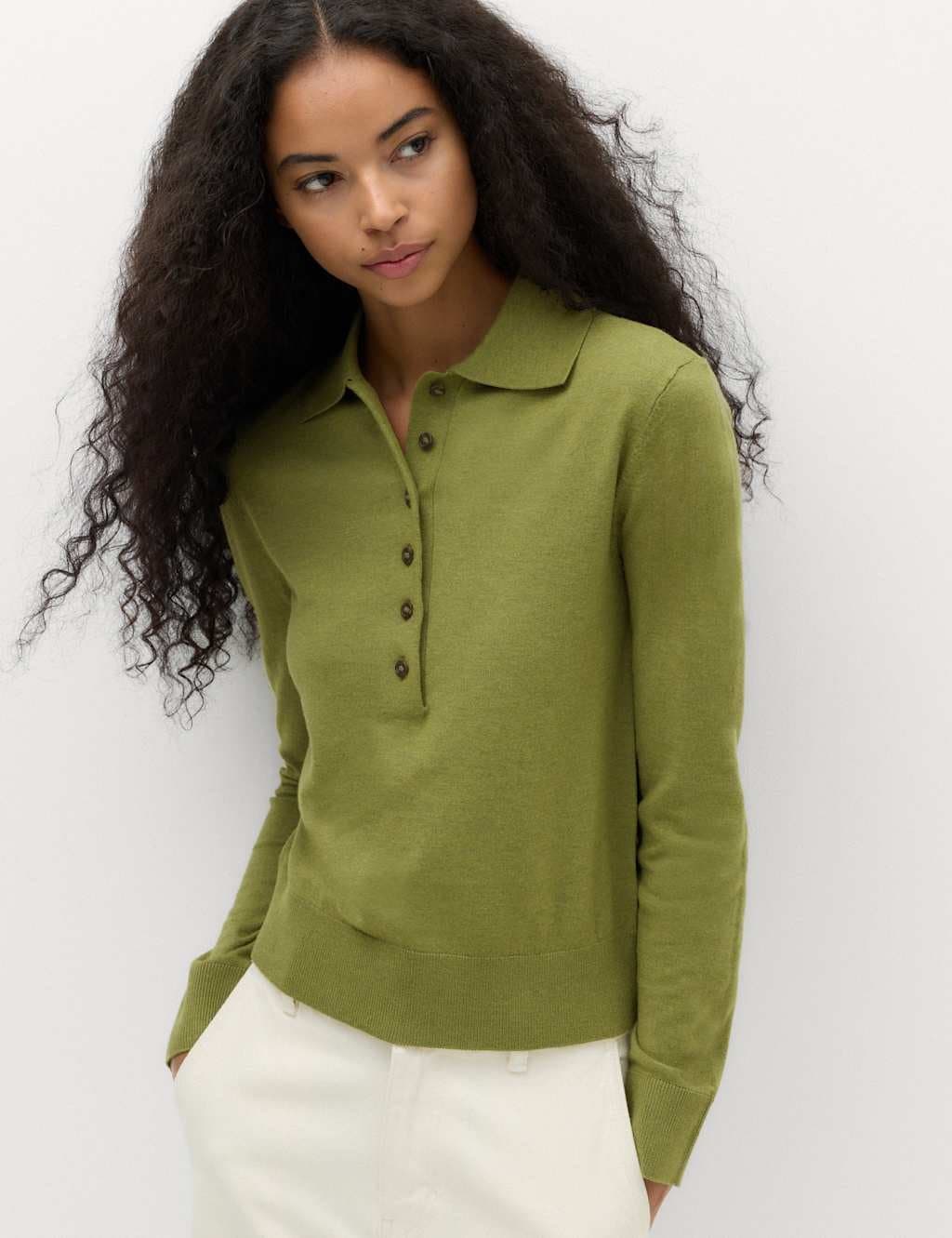 Marks & Spencer M&S Collared Slim Jumper with Wool Moss