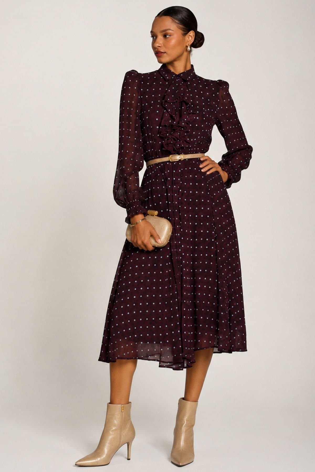 Jolie Moi Jolie Moi Women's Chiffon Print Ruffled Shirt Dress in Burgundy