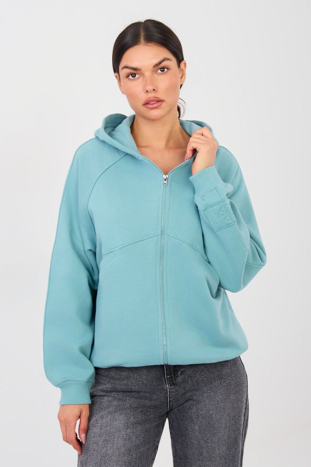 Love Lace Love Lace Women's Embroidered Zip Casual Hoodie with Hood Pockets in Blue