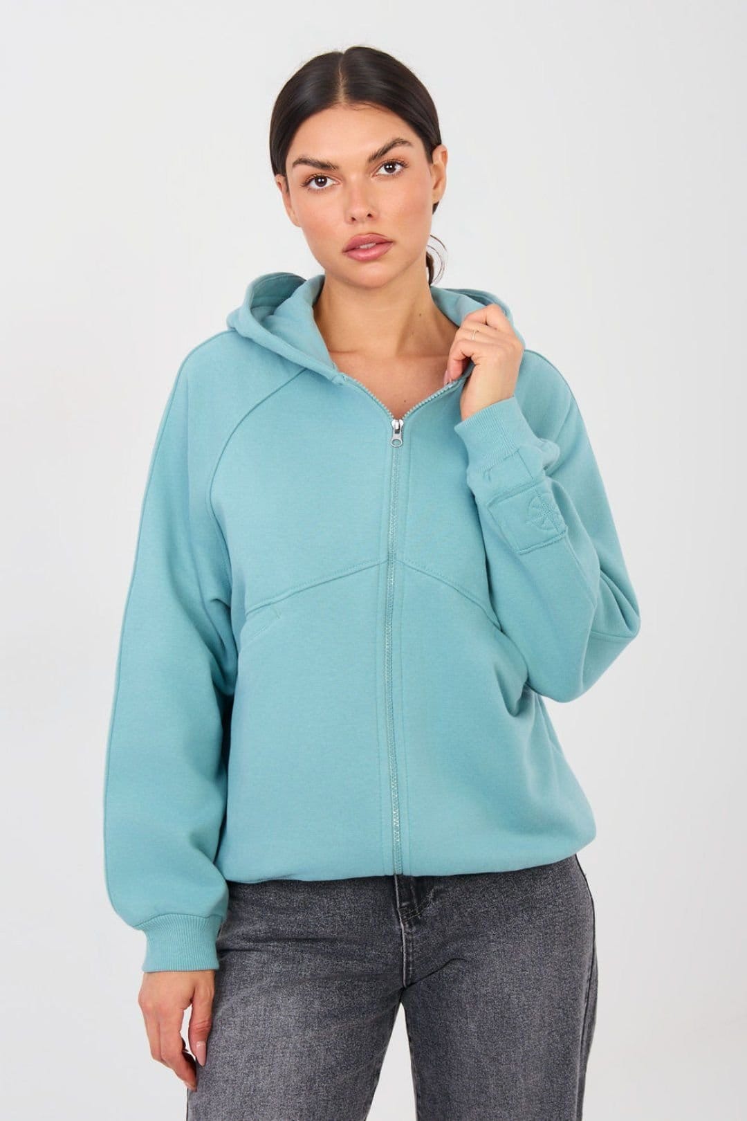 Love Lace Blue Embroidered Zip Casual Hoodie