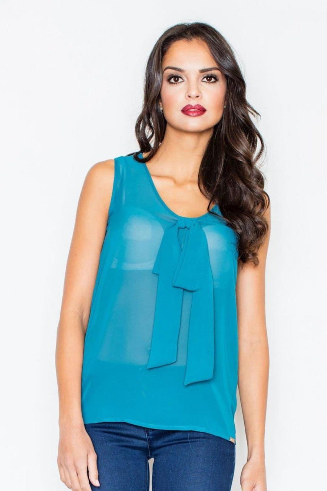Love Lace Love Lace Women's Airy Sleeveless Blouse with Tie Detail in Teal