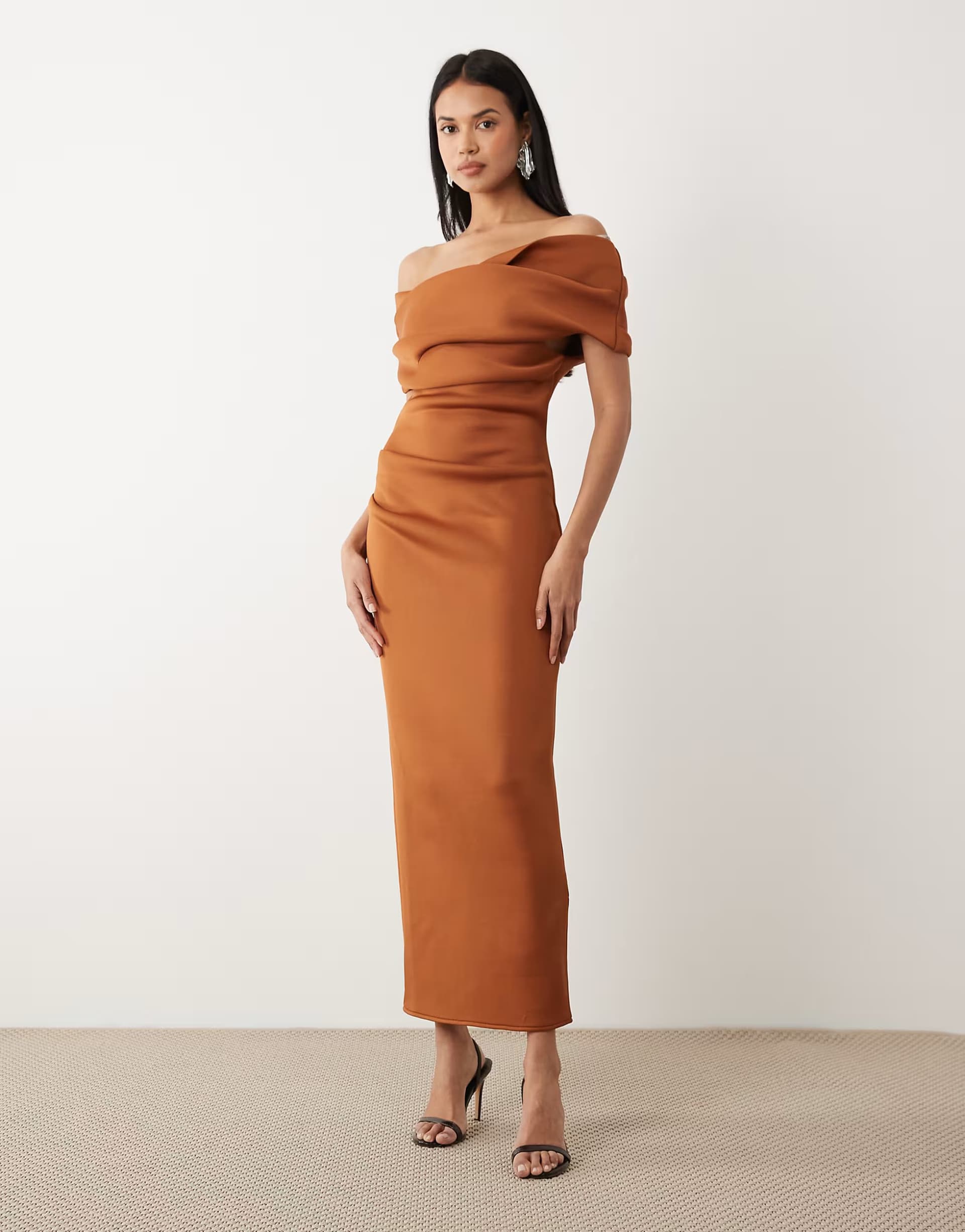 ASOS ASOS DESIGN bardot midi dress with split in brown
