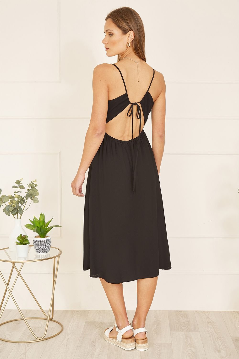 Yumi Yumi Women's Black Viscose Tie Back Midi Sun Dress - 4