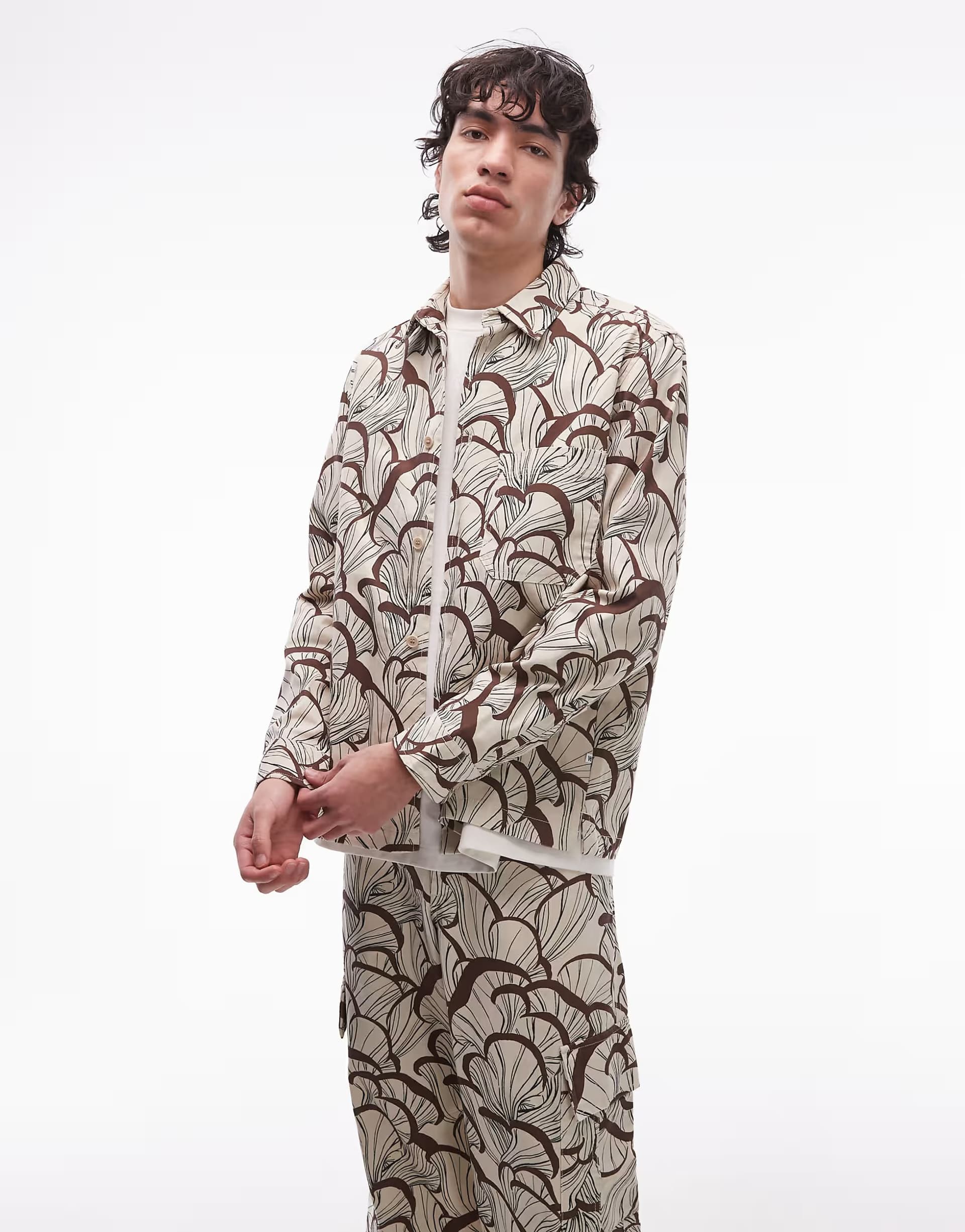ASOS Double A By Wood Wood Clay overshirt co-ord in all over mushroom print