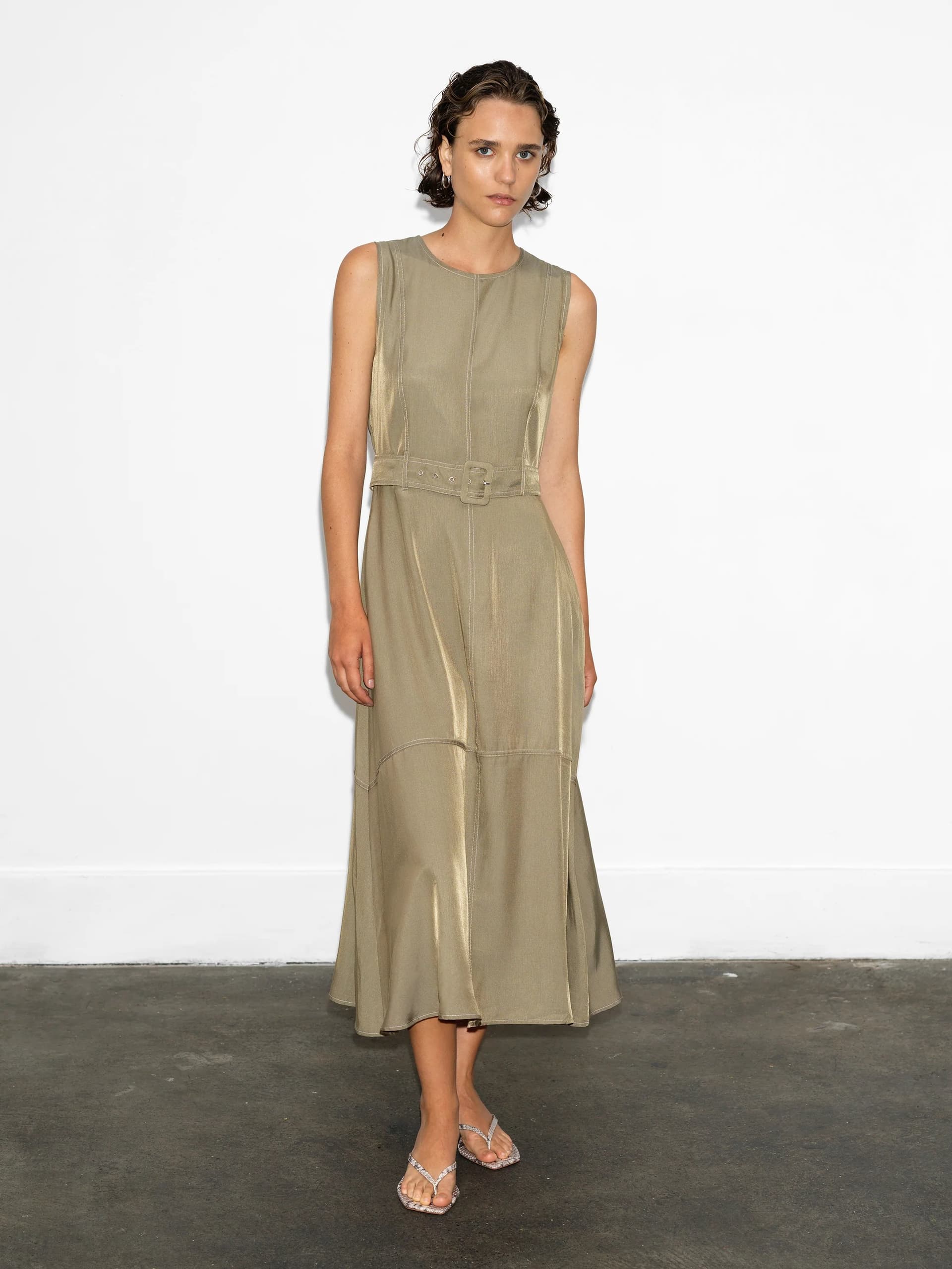French Connection Celina Cupro Sleeveless Cargo Belted Dress Washed Khaki Green