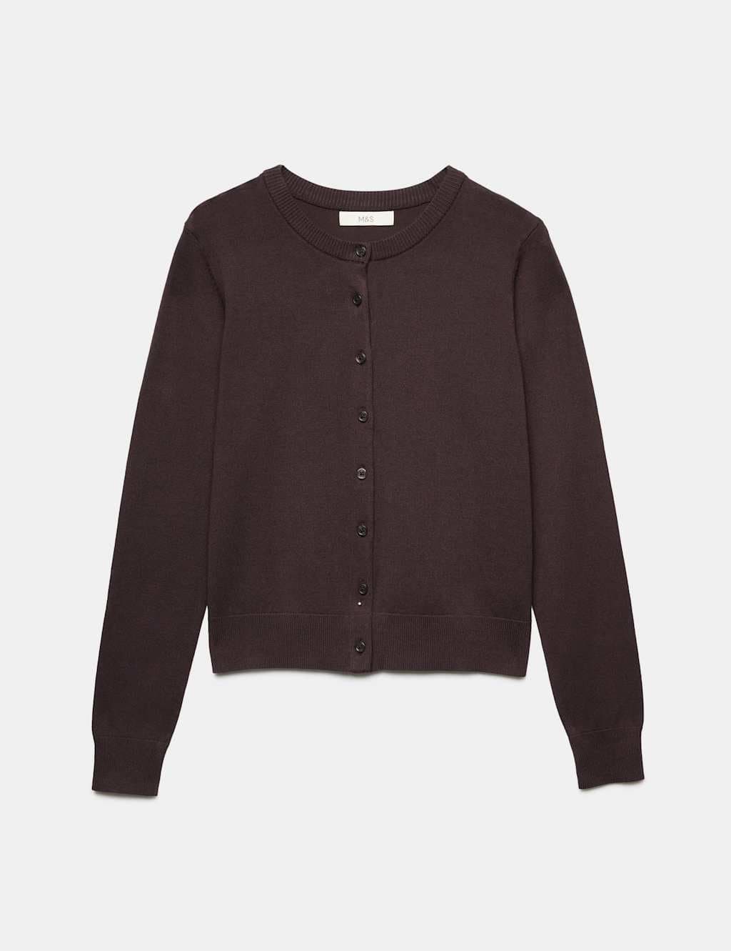 Marks & Spencer M&S Crew Neck Button Through Cardigan Bitter Chocolate