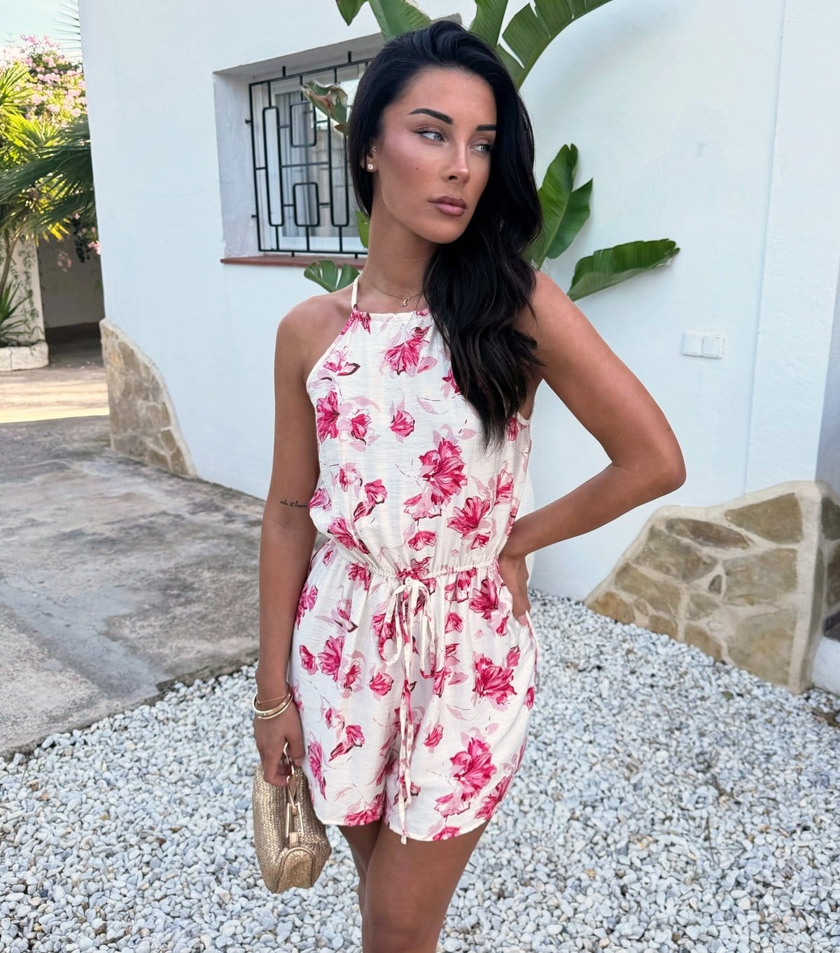 Women's Pink Floral Print Racer Neck Drawstring Playsuit AX Paris New Look