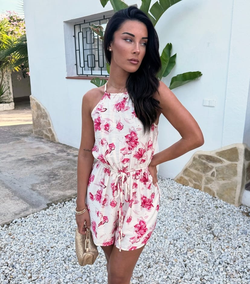 AX Paris Women's Pink Floral Print Racer Neck Drawstring Playsuit AX Paris New Look - 1