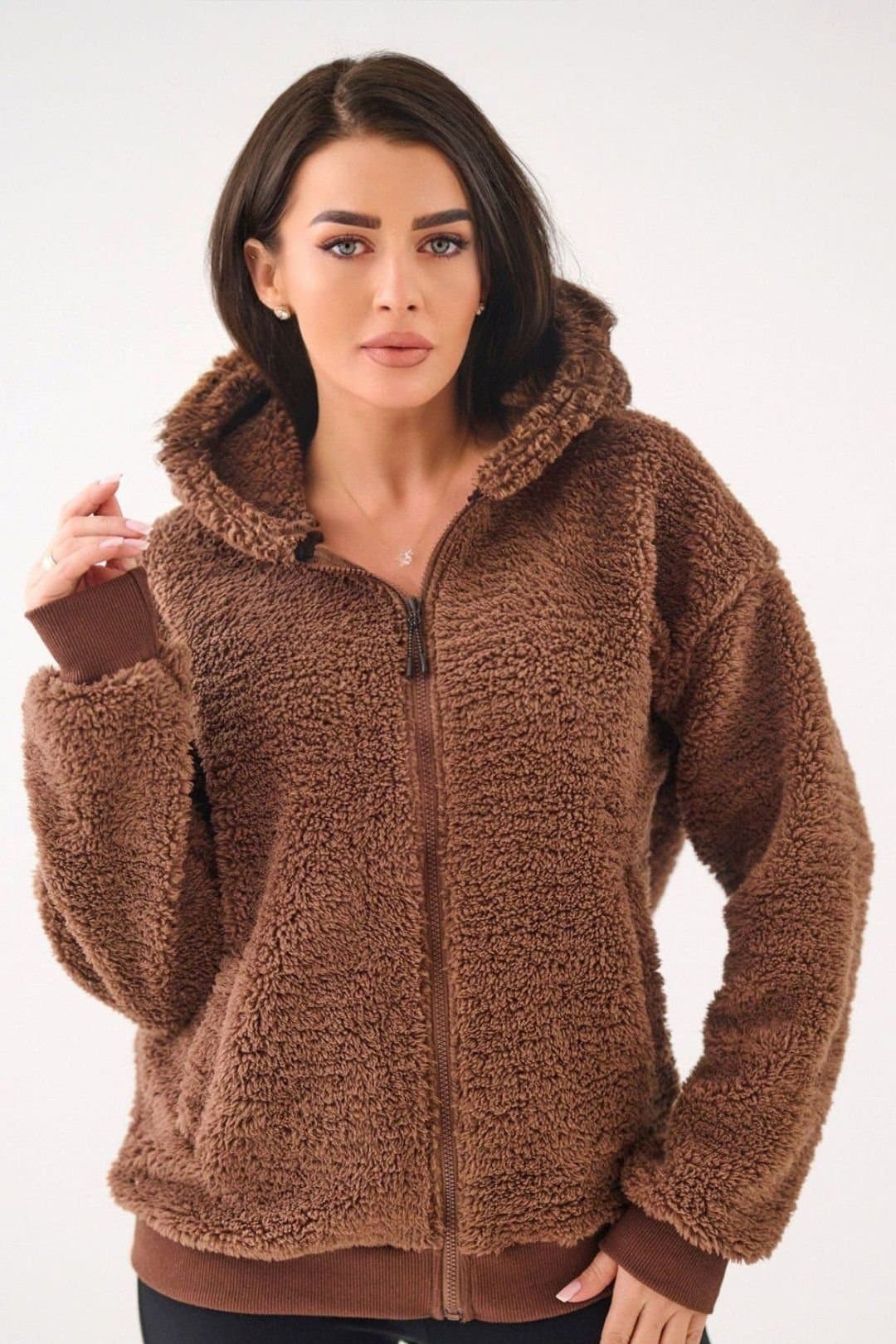 Love Lace Love Lace Women's Casual Zip Hooded Polyester Sweatshirt Lamb in Brown