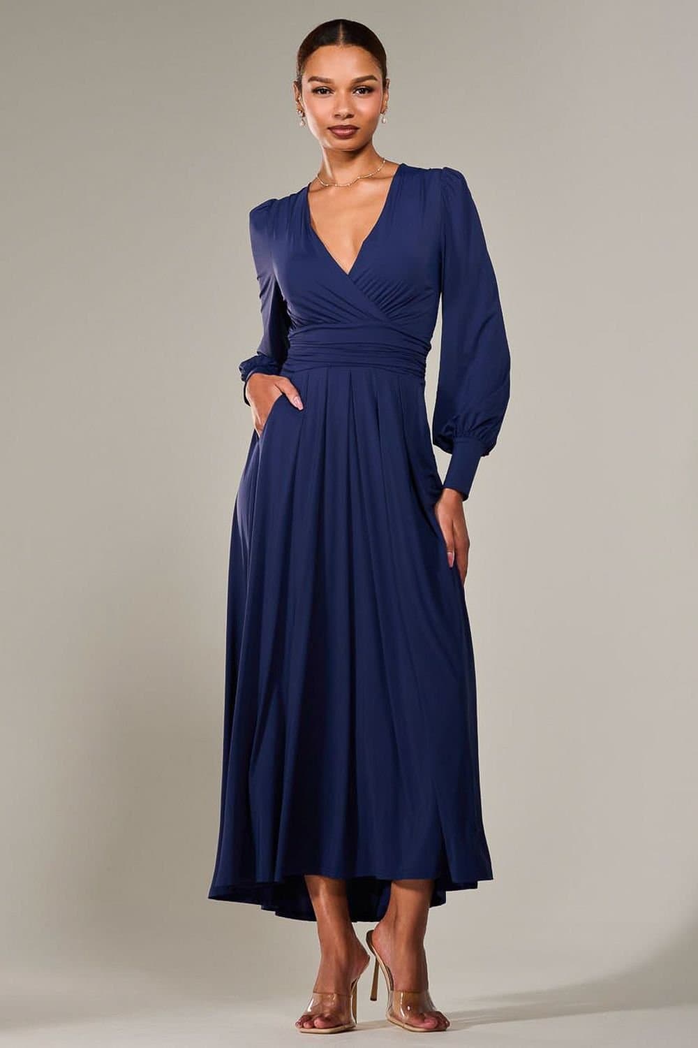 Jolie Moi Jolie Moi Women's Long Sleeve Super Soft Jersey Maxi Dress in Navy