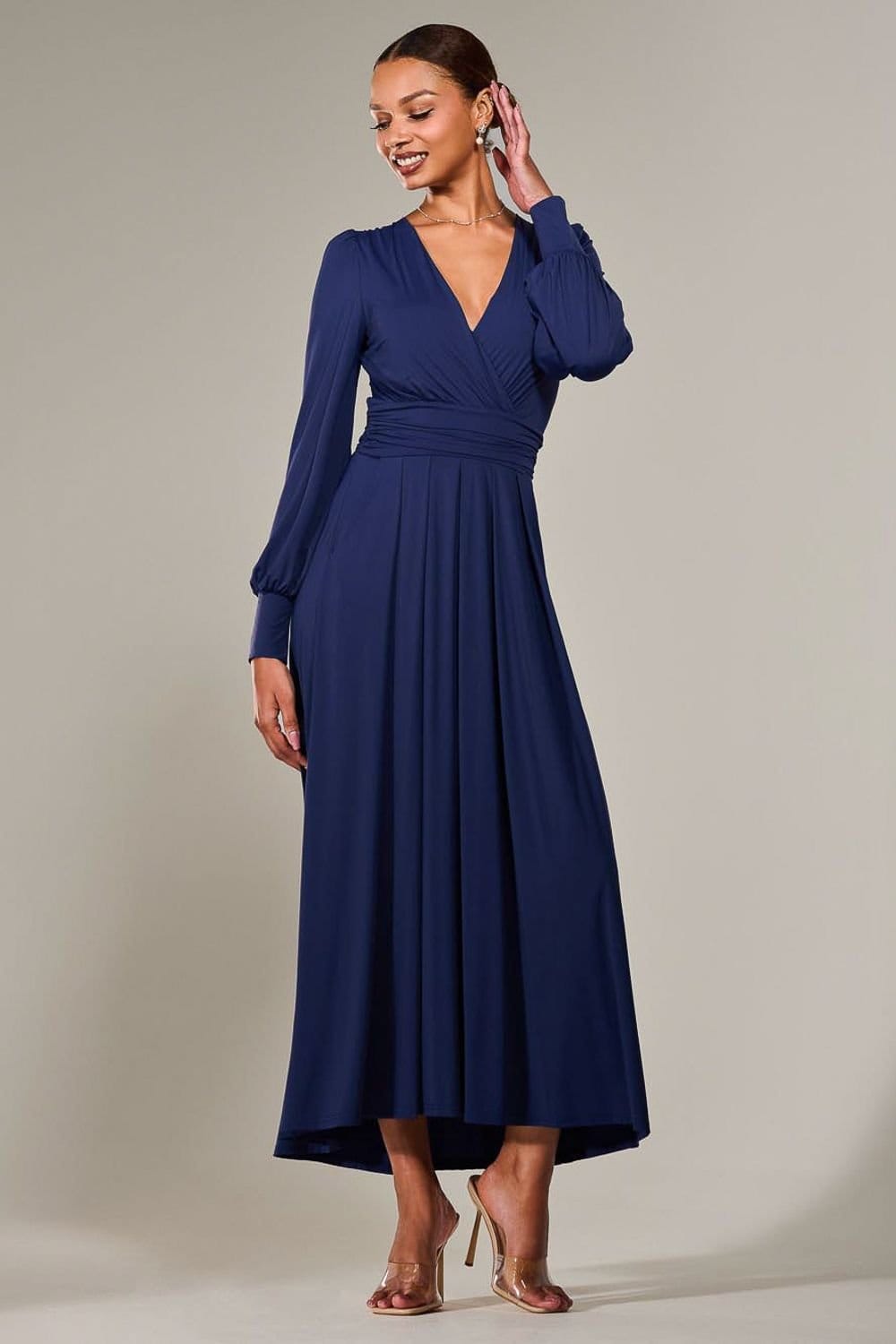 Jolie Moi Jolie Moi Women's Long Sleeve Super Soft Jersey Maxi Dress in Navy - 4