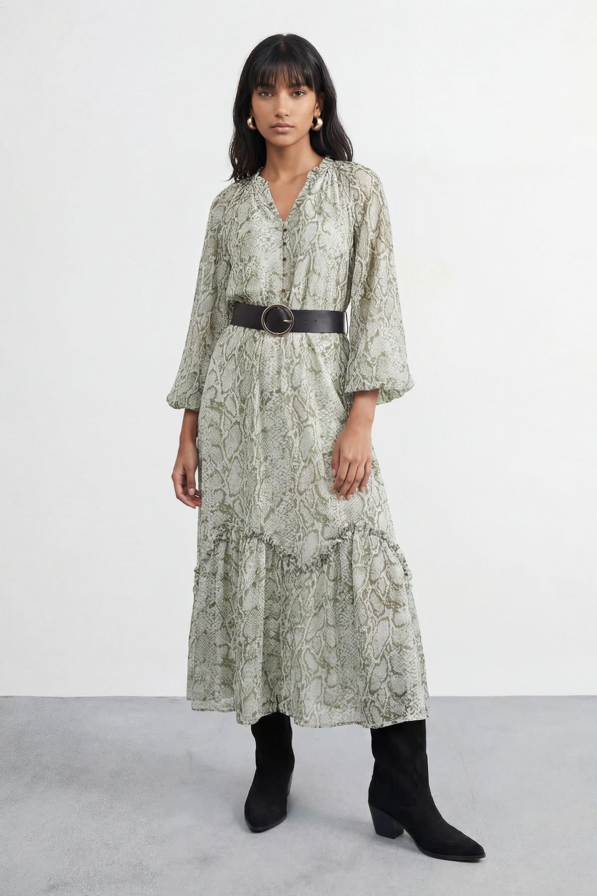 Warehouse Warehouse Women's Petite Snake Print Ruffle Detail Belted Maxi Dress