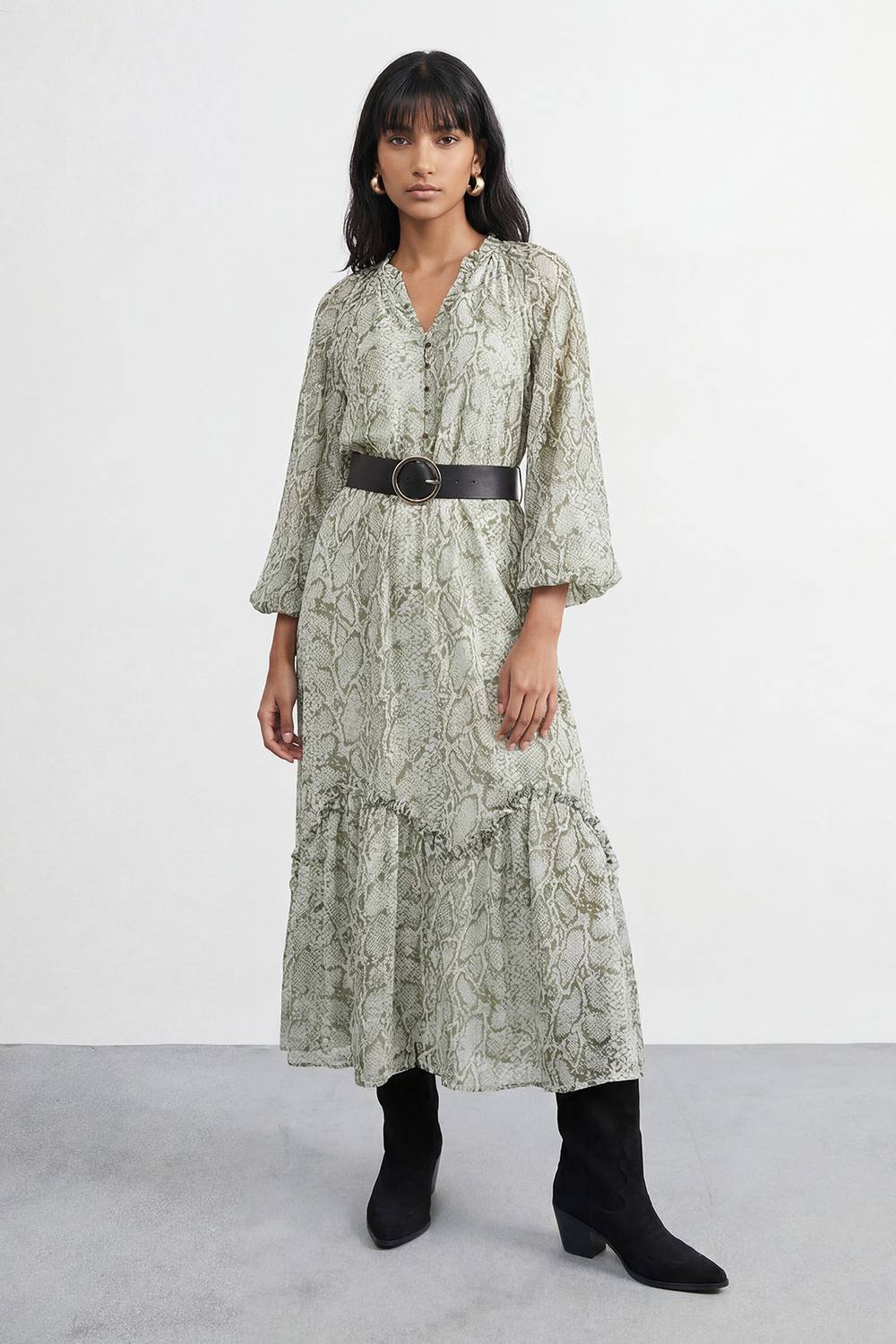 Warehouse Warehouse Women's Petite Snake Print Ruffle Detail Belted Maxi Dress - 2