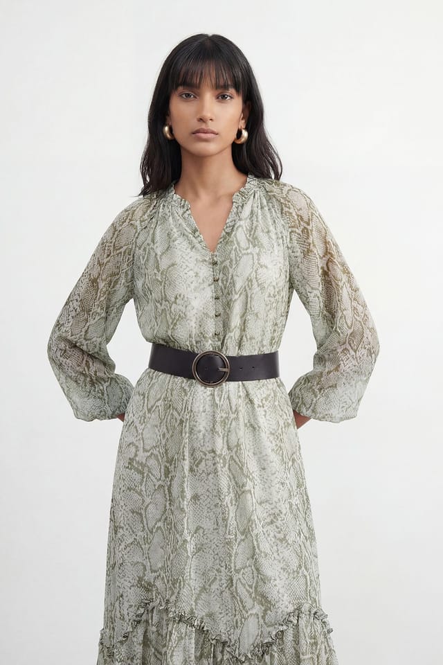 Warehouse Warehouse Women's Petite Snake Print Ruffle Detail Belted Maxi Dress - 2