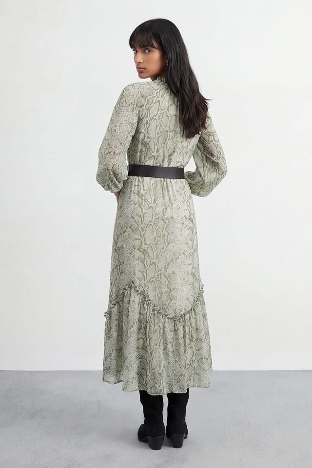 Warehouse Warehouse Women's Petite Snake Print Ruffle Detail Belted Maxi Dress - 3