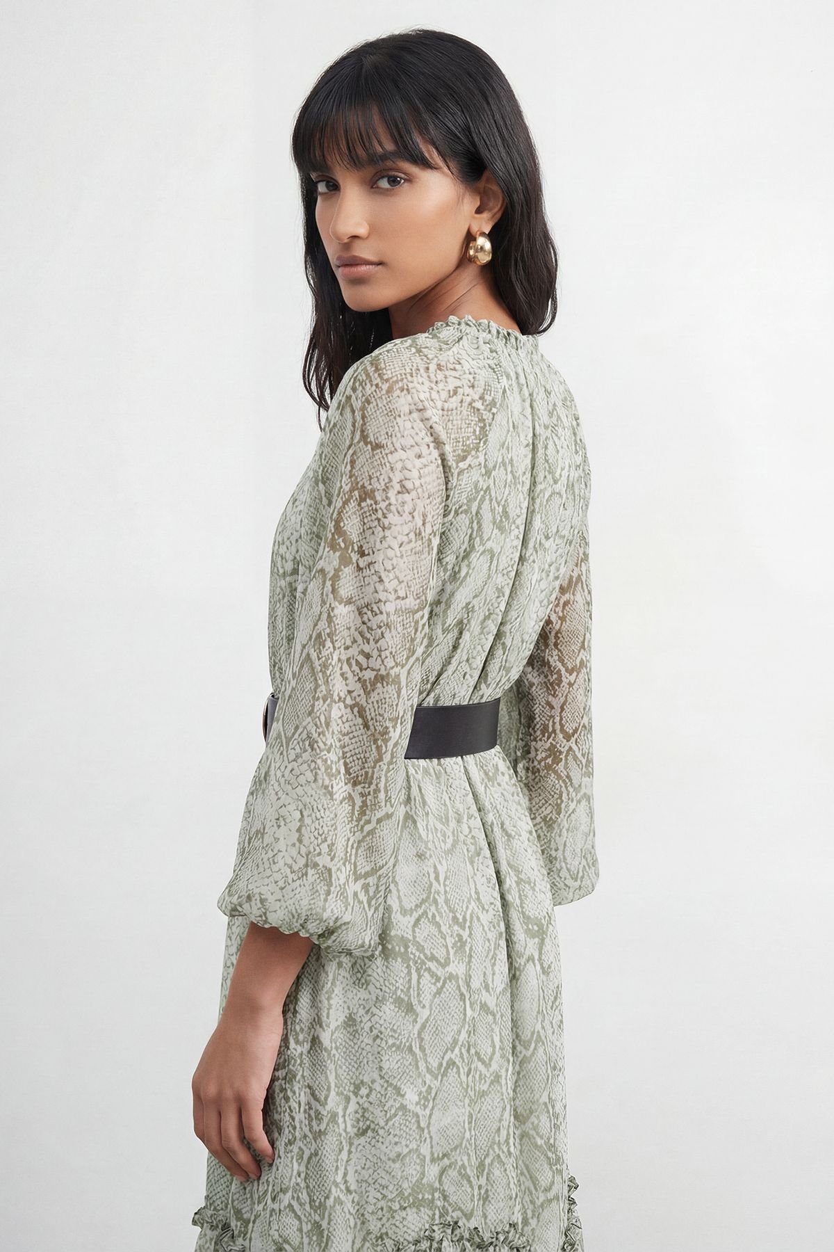 Warehouse Warehouse Women's Petite Snake Print Ruffle Detail Belted Maxi Dress - 4