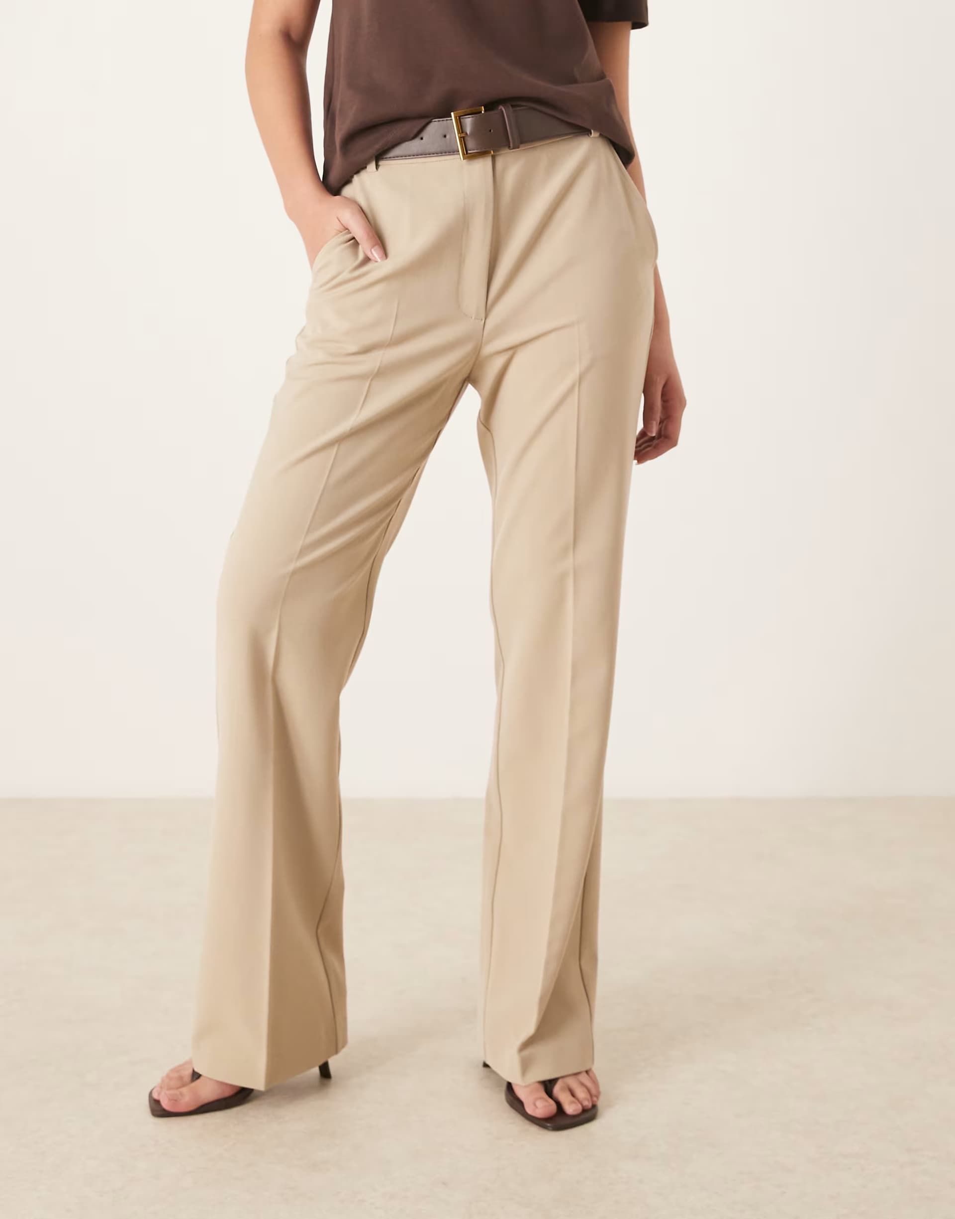 ASOS ASOS DESIGN tailored slim straight leg trousers with belt in neutral
