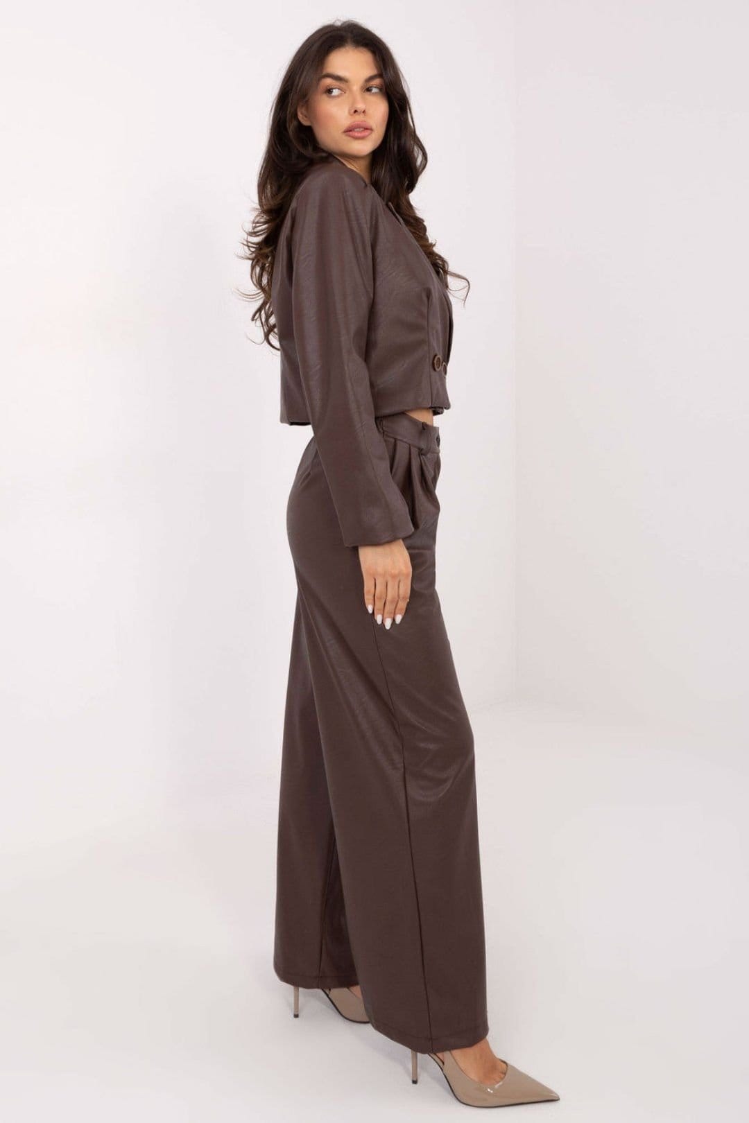 Love Lace Love Lace Women's Short Double Breasted Faux Leather Blazer in Brown - 4
