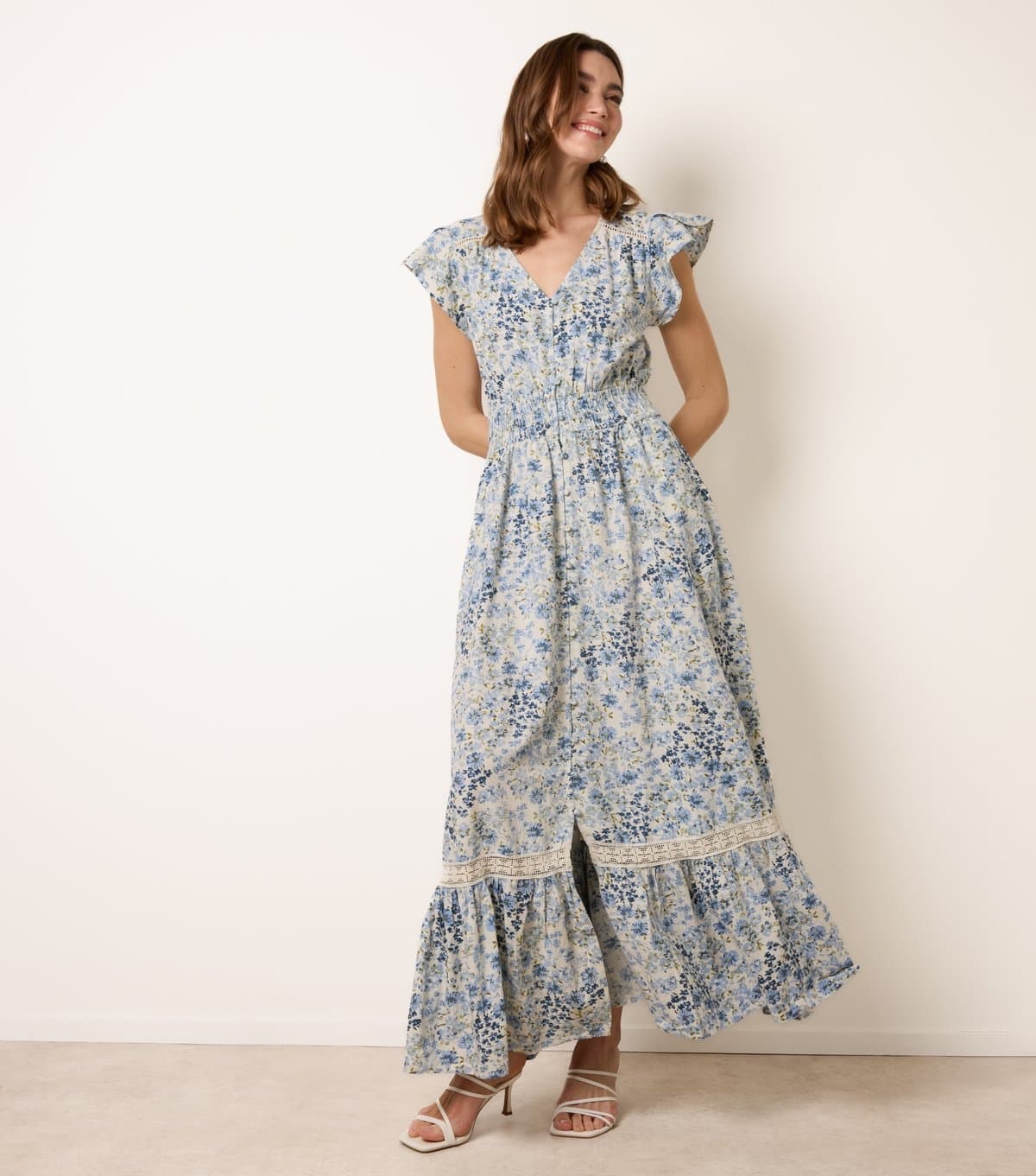 Blue Vanilla Women's Blue Floral Button Through Maxi Dress Blue Vanilla New Look