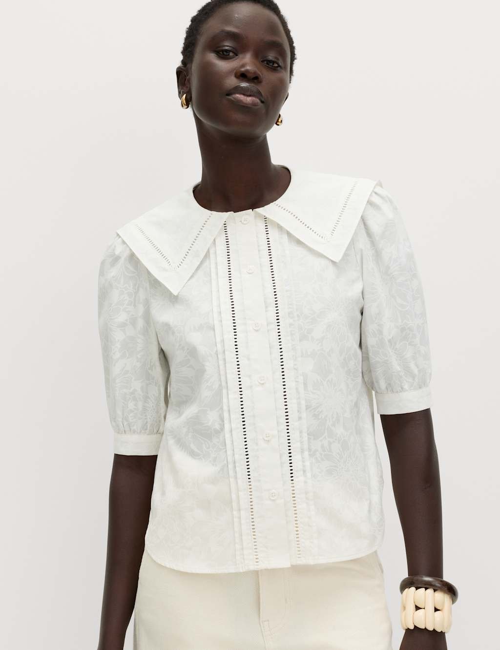 Marks & Spencer M&S Pure Cotton Sailor Collar Button Through Shirt White - 1