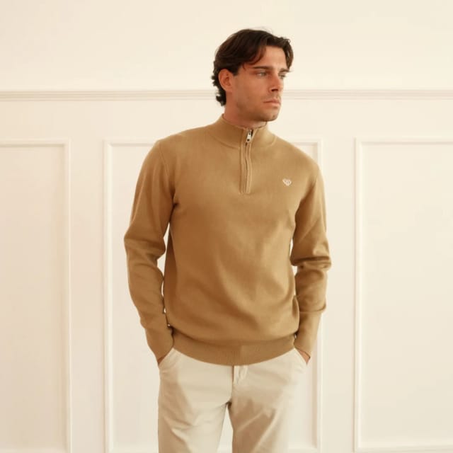 Walker & Hunt Walker & Hunt Men's Huxley Quarter Zip in Beige - 3