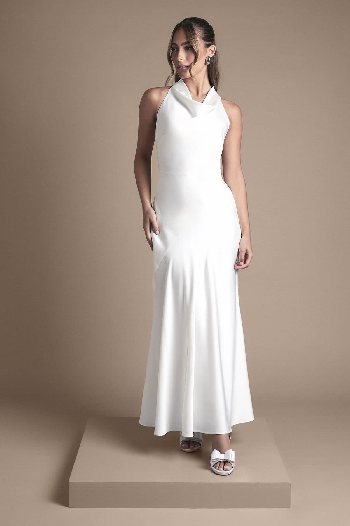 Oasis Oasis Women's Cowl Halterneck Satin Maxi Wedding Dress in Ivory