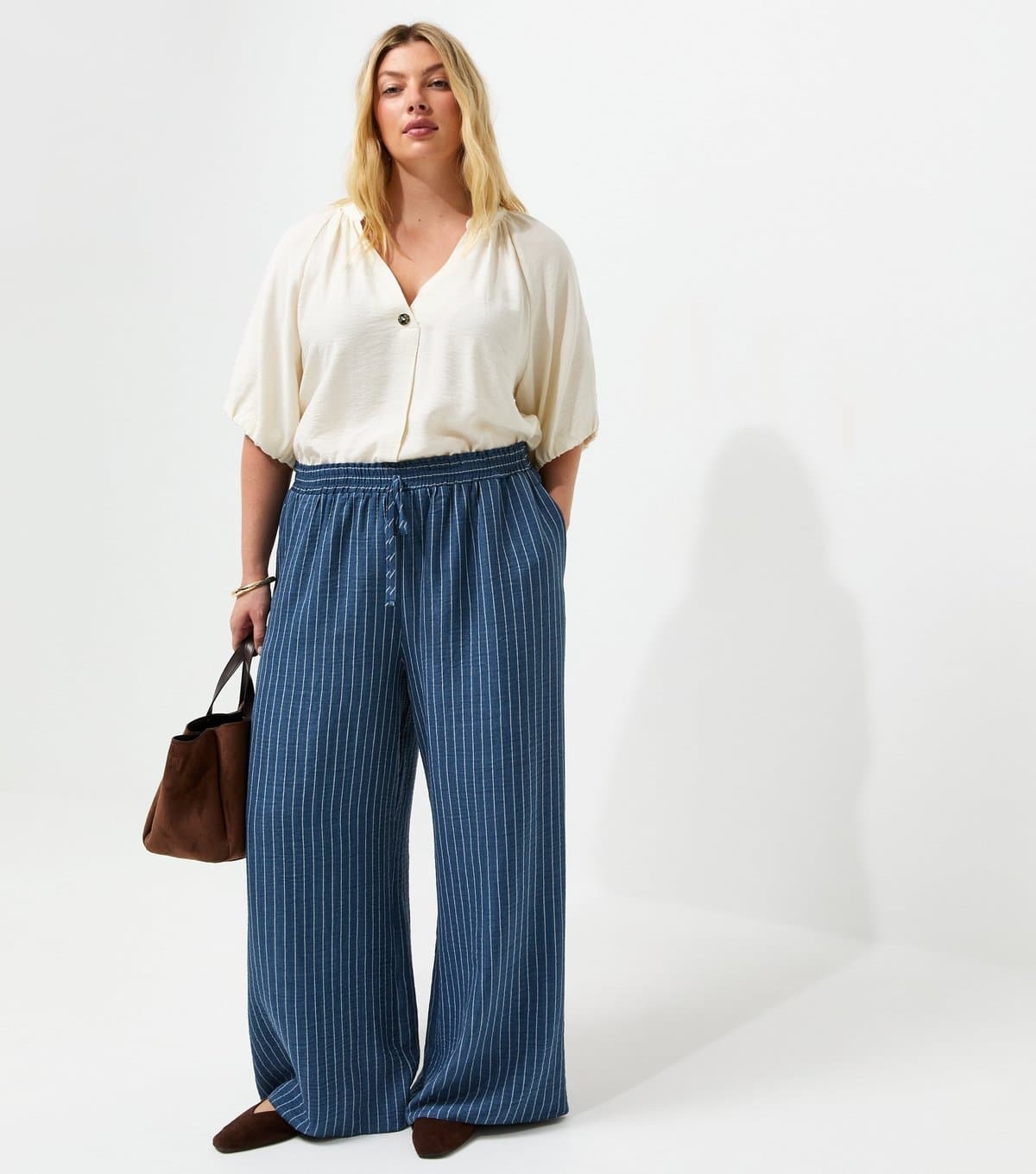 New Look Women's Plus Size Blue Woven Striped Wide Leg Trousers Curves New Look