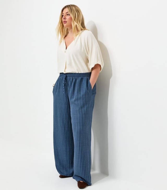 New Look Women's Plus Size Blue Woven Striped Wide Leg Trousers Curves New Look - 3