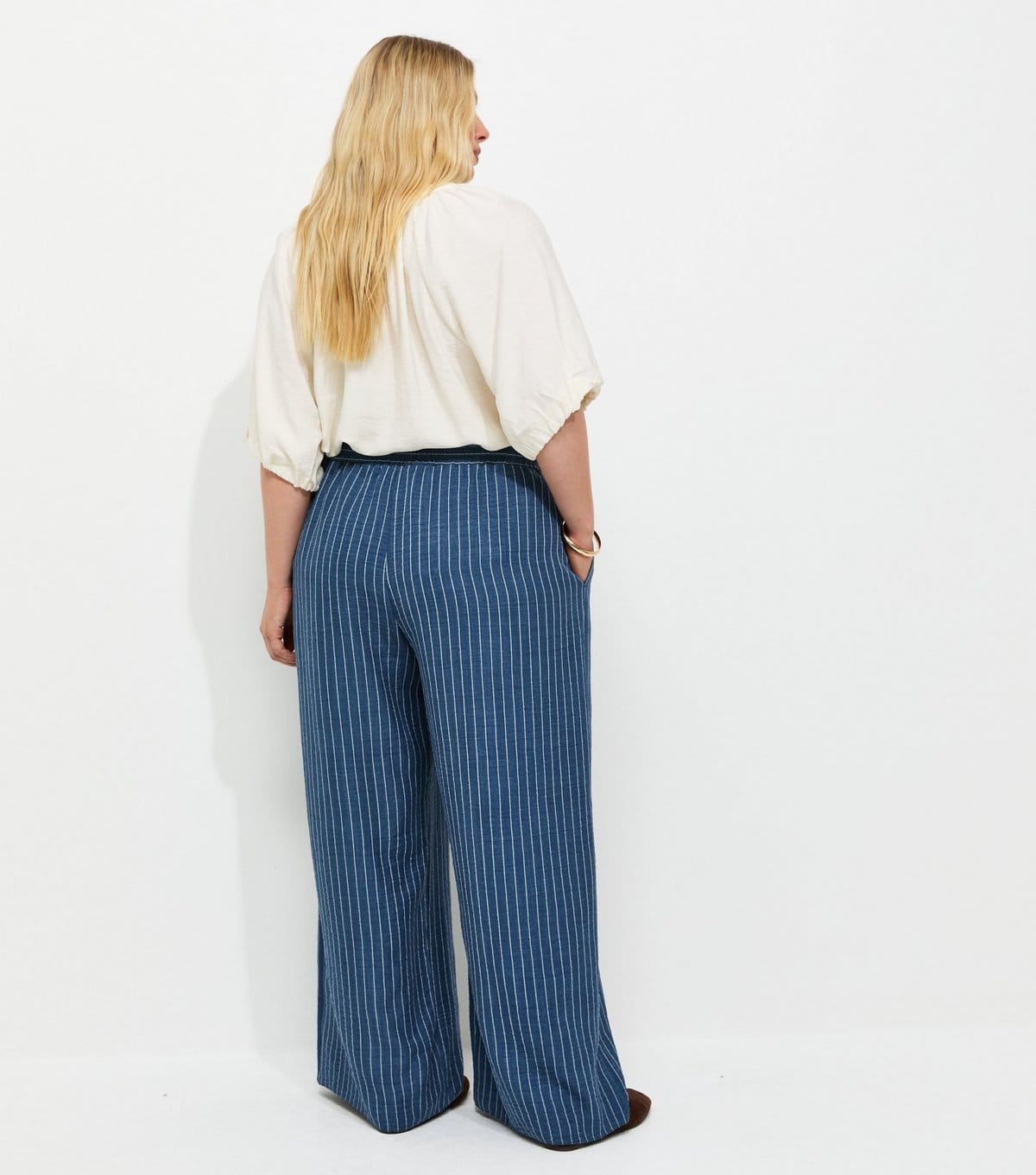 New Look Women's Plus Size Blue Woven Striped Wide Leg Trousers Curves New Look - 4