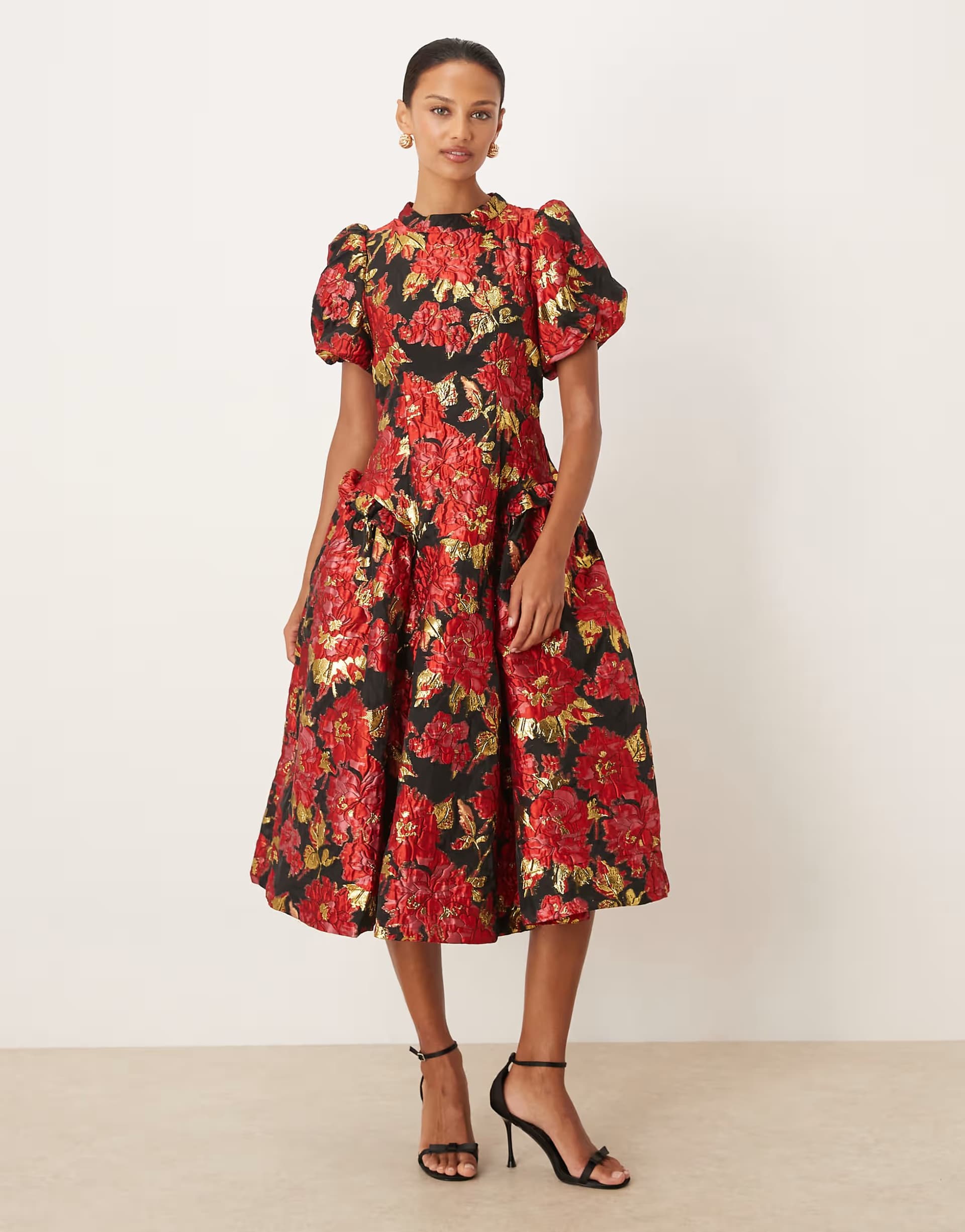 ASOS Dream Sister Jane Illusions floral jacquard puff sleeve midi dress in red