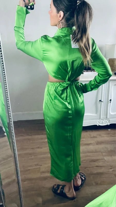 & Other Stories & other stories lime green satin cut out knot front shirt midi dress size 8 - 1
