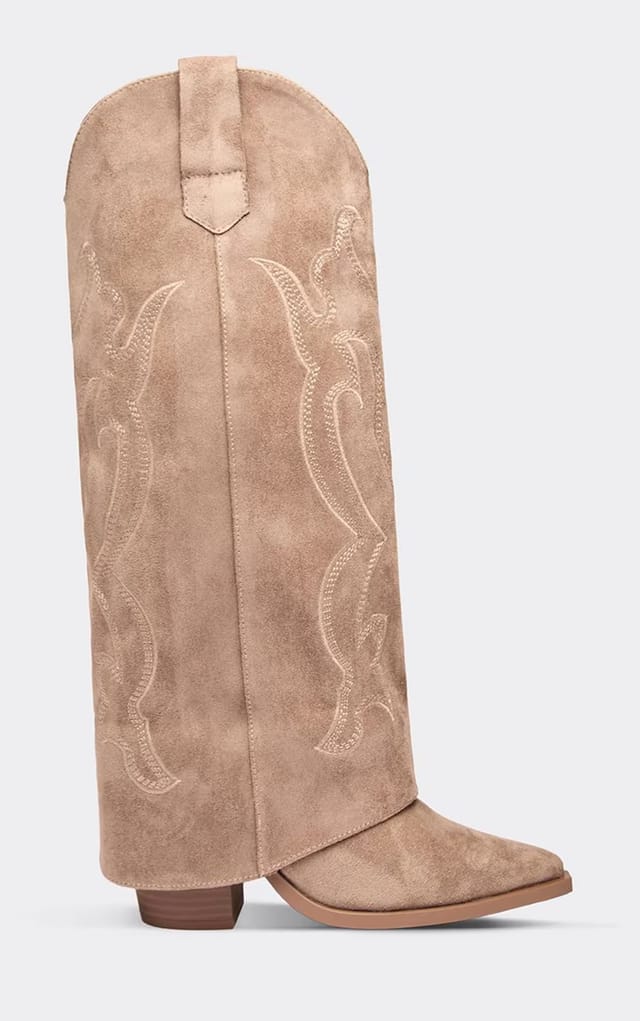 EGO Seville Embroidered Layered Detail Pointed Toe Knee High Western Cowboy Boot In Taupe Faux Suede, Women's Size UK 3 - 2