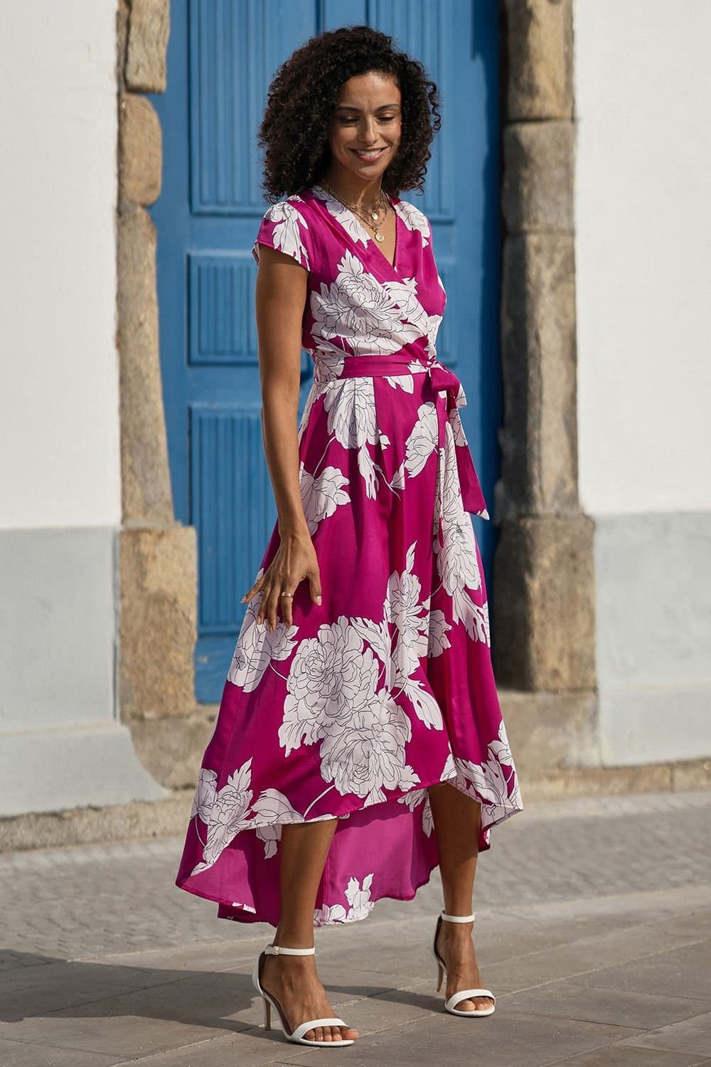 Yumi Yumi Women's Pink Blossom Print Wrap Midi Dress With Dipped Hem