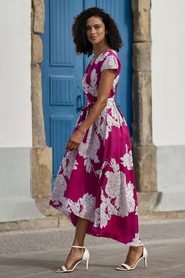 Yumi Yumi Women's Pink Blossom Print Wrap Midi Dress With Dipped Hem - 3