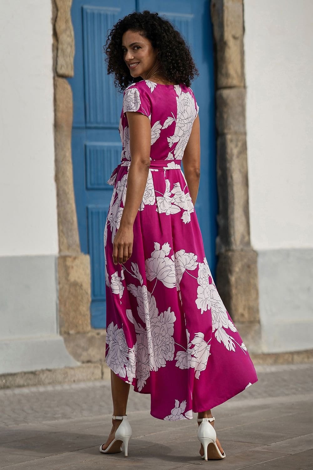 Yumi Yumi Women's Pink Blossom Print Wrap Midi Dress With Dipped Hem - 4