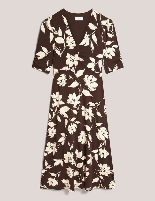 Hobbs London Hobbs London Women's Peyton Short Sleeve V-Neck Jersey Dress in Chocolate - 2