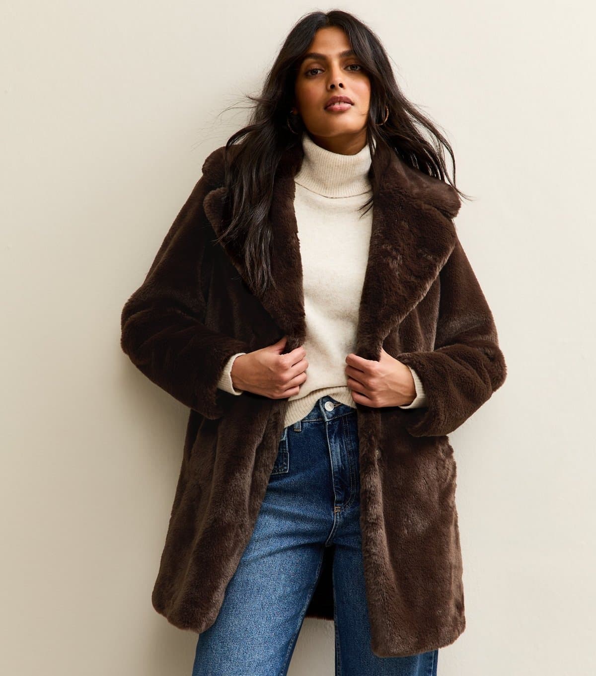 New Look Women's Brown Faux Fur Midi Coat New Look