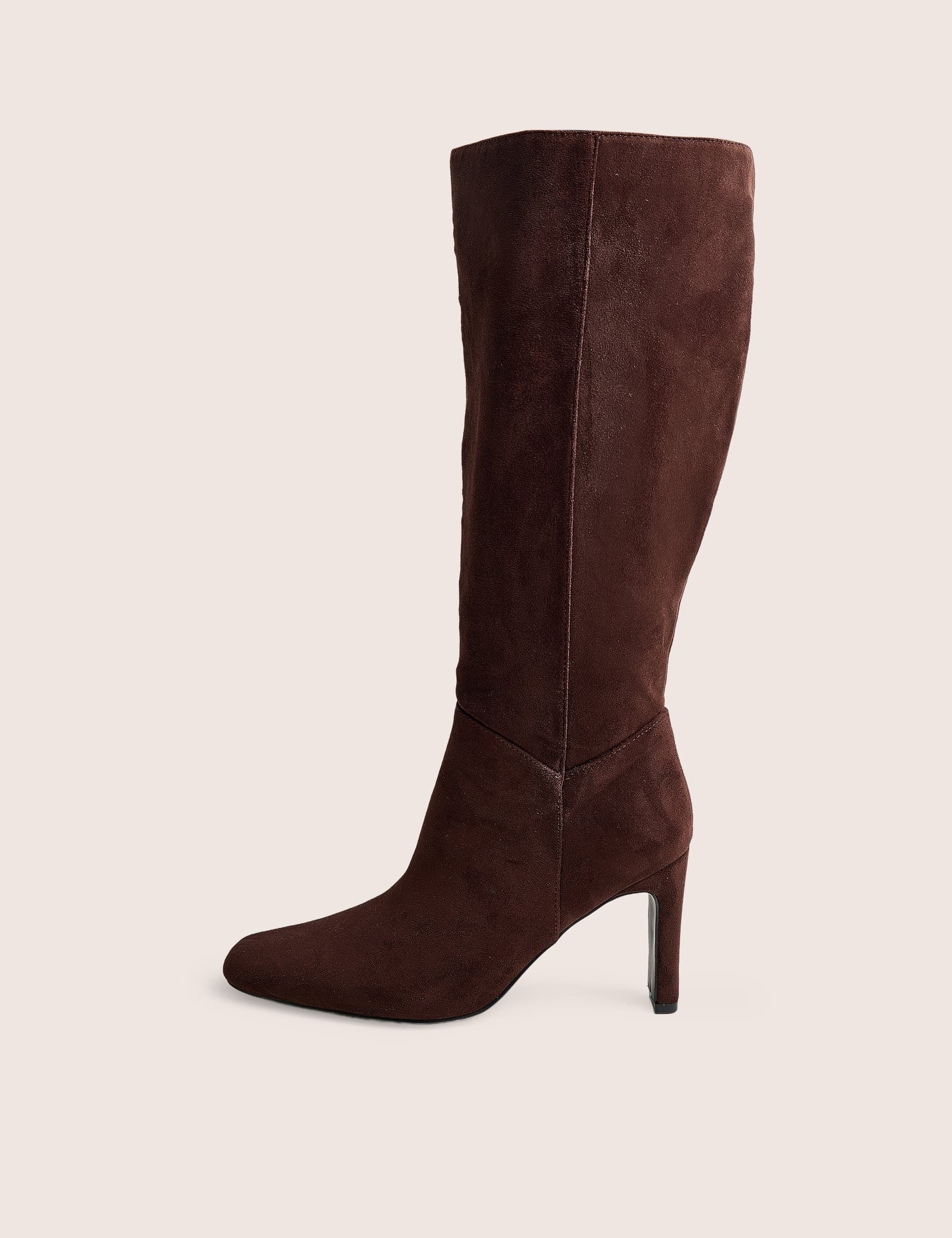 Public Desire Pose Chocolate Zip Up Knee High Slim Block Heeled Boots