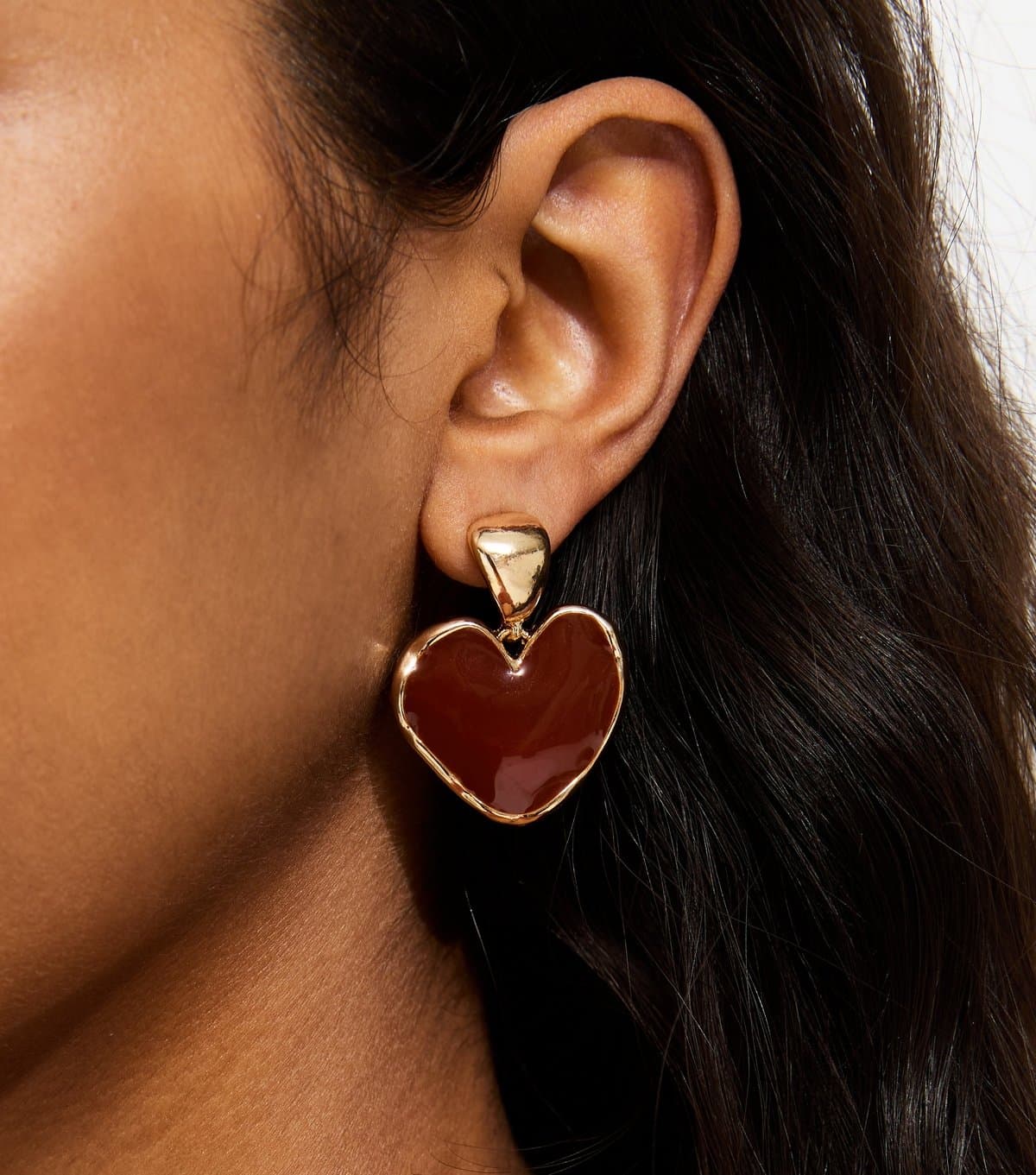 New Look Dark Brown Enamel Heart Shaped Earrings New Look