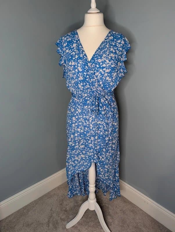 grecerelle Grecerelle Blue Floral Cottagecore Boho Faux Wrap High-Low Maxi Dress 2XL UK 20 UK 22