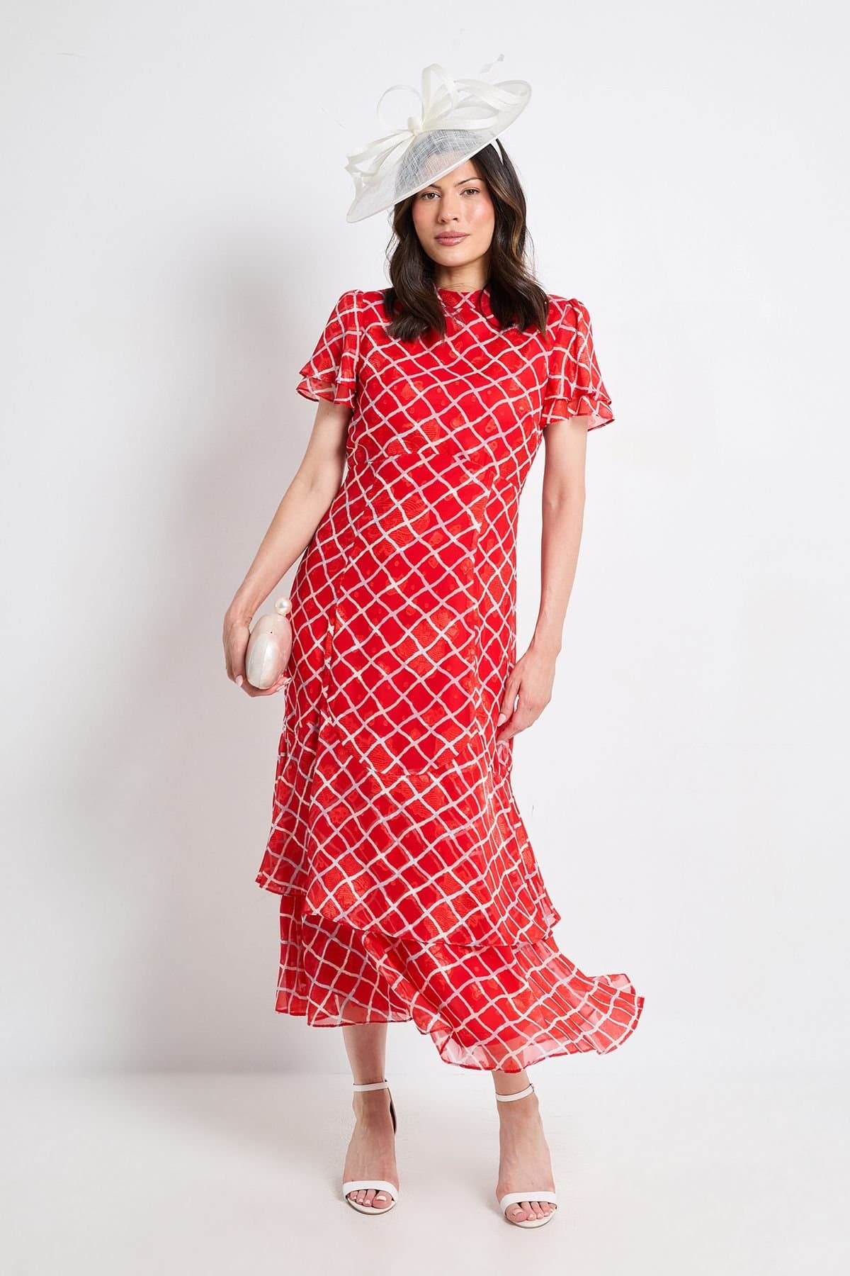 Wallis Wallis Women's Check Burn Out Ruffle Midi Dress in Red
