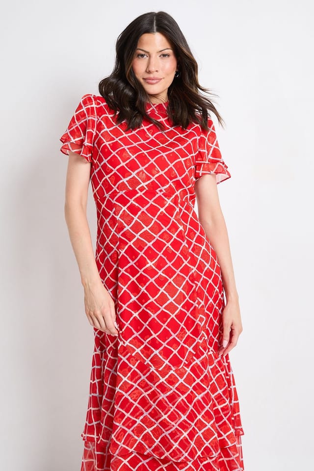 Wallis Wallis Women's Check Burn Out Ruffle Midi Dress in Red - 2