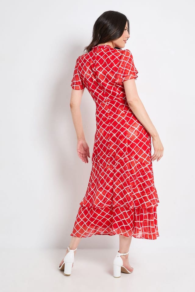 Wallis Wallis Women's Check Burn Out Ruffle Midi Dress in Red - 3