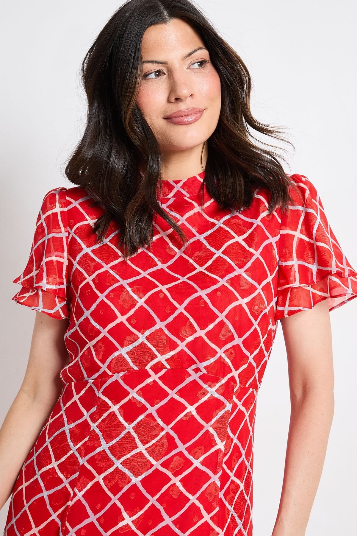 Wallis Wallis Women's Check Burn Out Ruffle Midi Dress in Red - 4